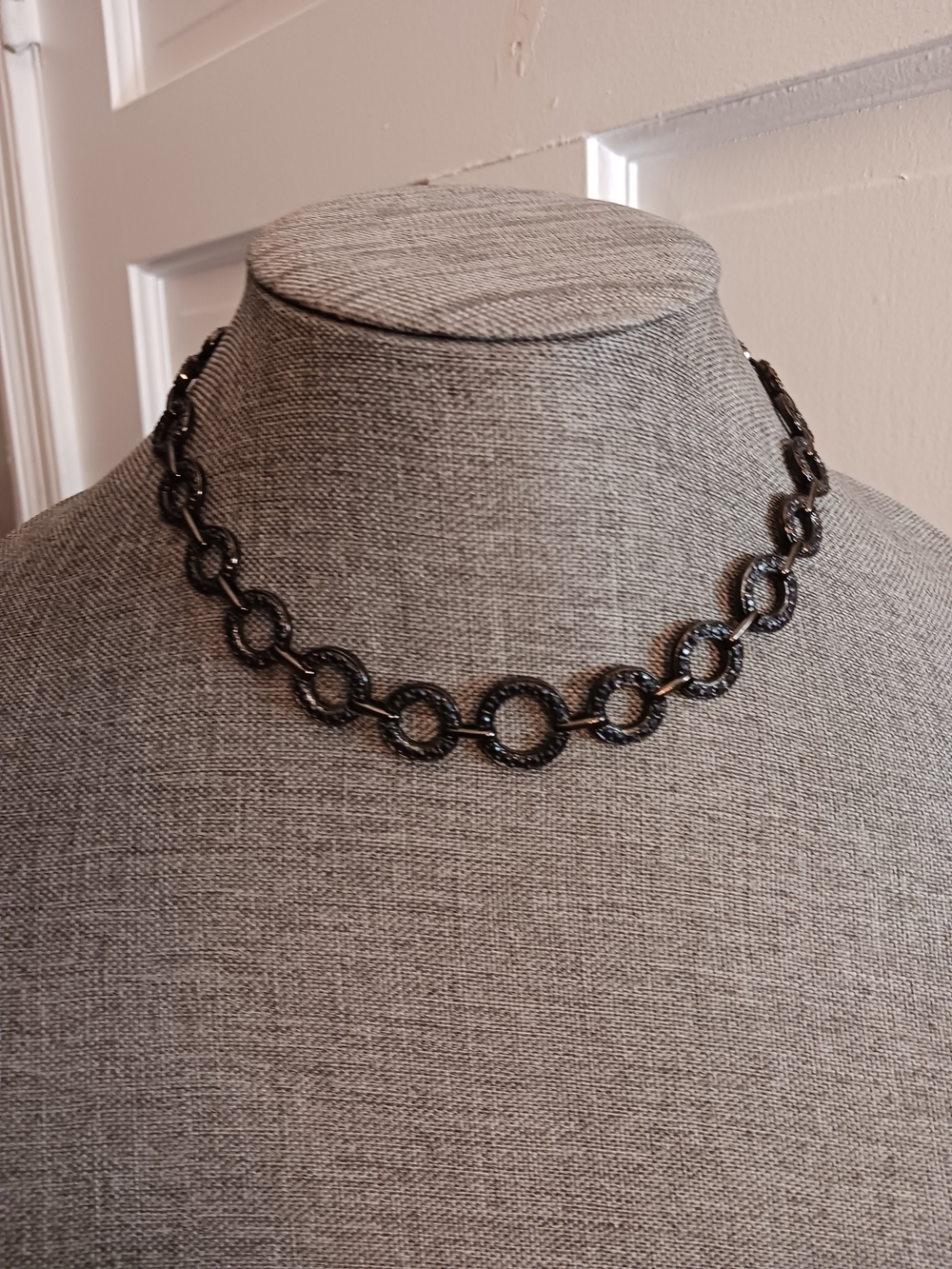 Crown Trifari Necklace Gunmetal Grey Rhinestones Circle Links 15-17" Excellent